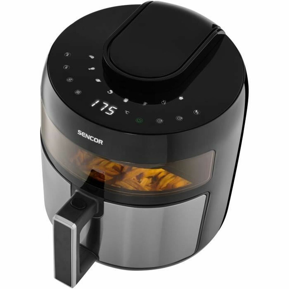 Schwarze Heißluftfritteuse mit Digitalanzeige und silbernem Griff.