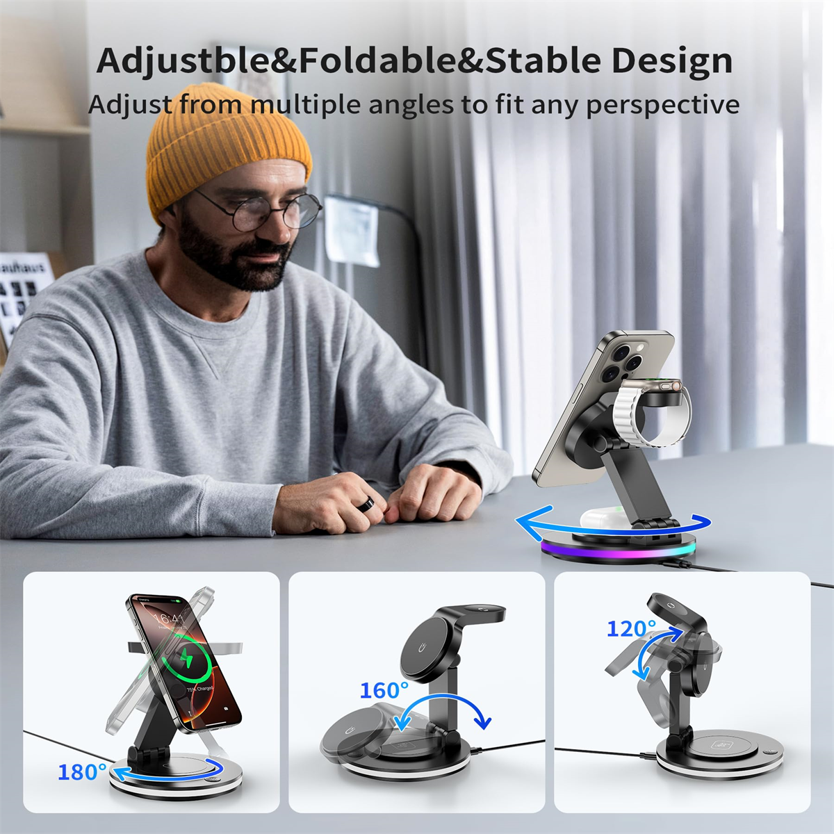 Mann, der ein Telefon auf einem Ladeständer benutzt. Drei Ansichten zeigen verschiedene Telefonwinkel und Rotationsgrade.