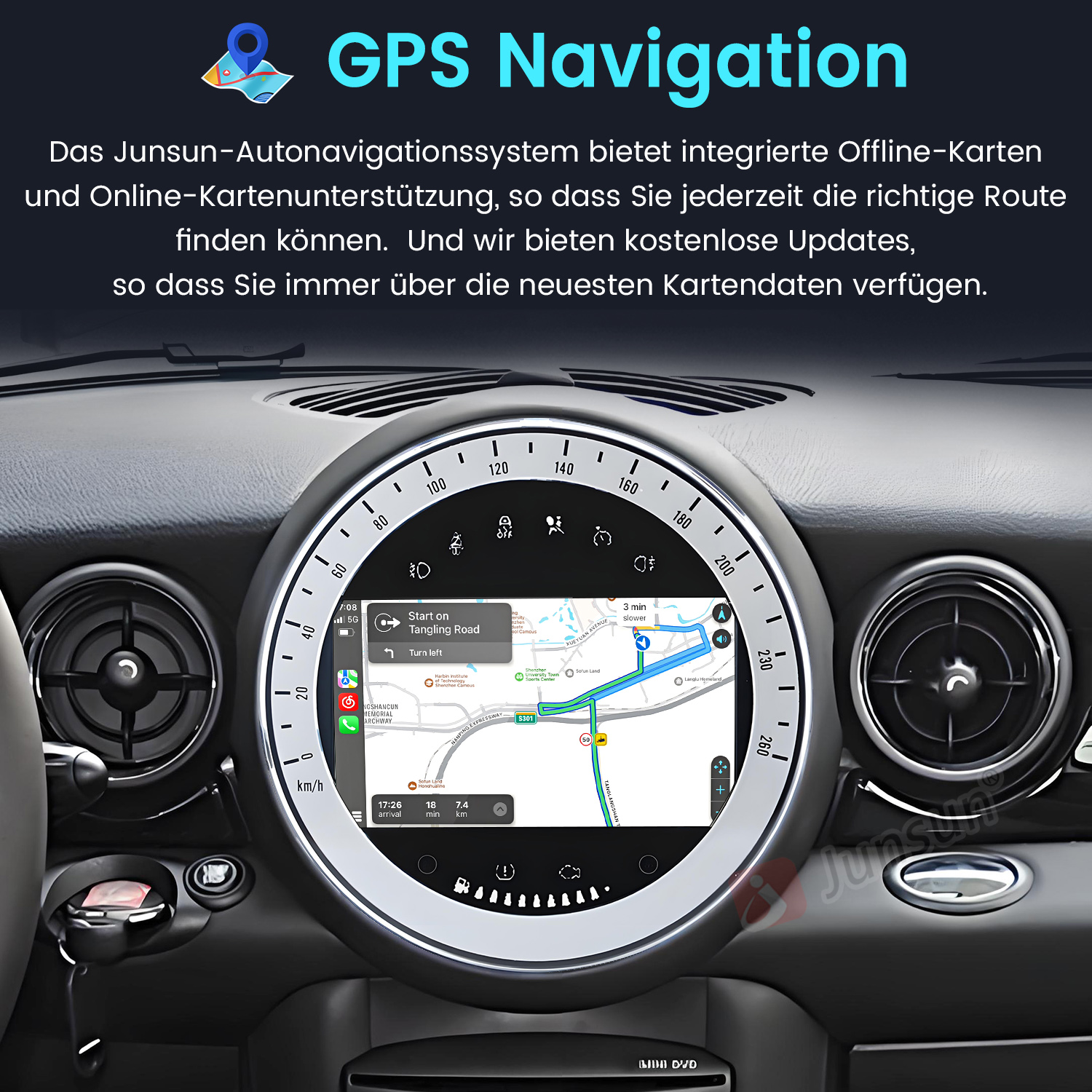Deska rozdzielcza samochodu z nawigacją GPS z tekstem, w samochodzie.