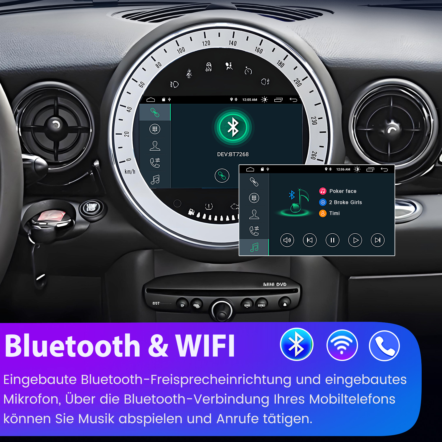 Deska rozdzielcza samochodu z ekranem nawigacji, ikonami Bluetooth i WiFi.