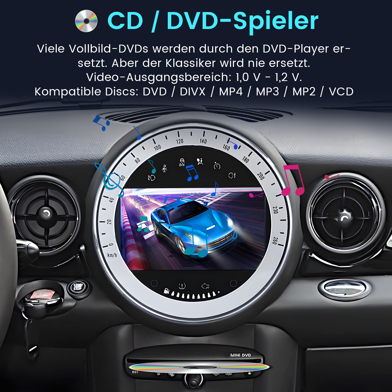 Wyświetlacz deski rozdzielczej samochodu z niebieską grafiką samochodu, otoczony wskaźnikami i logo Mini DVD.