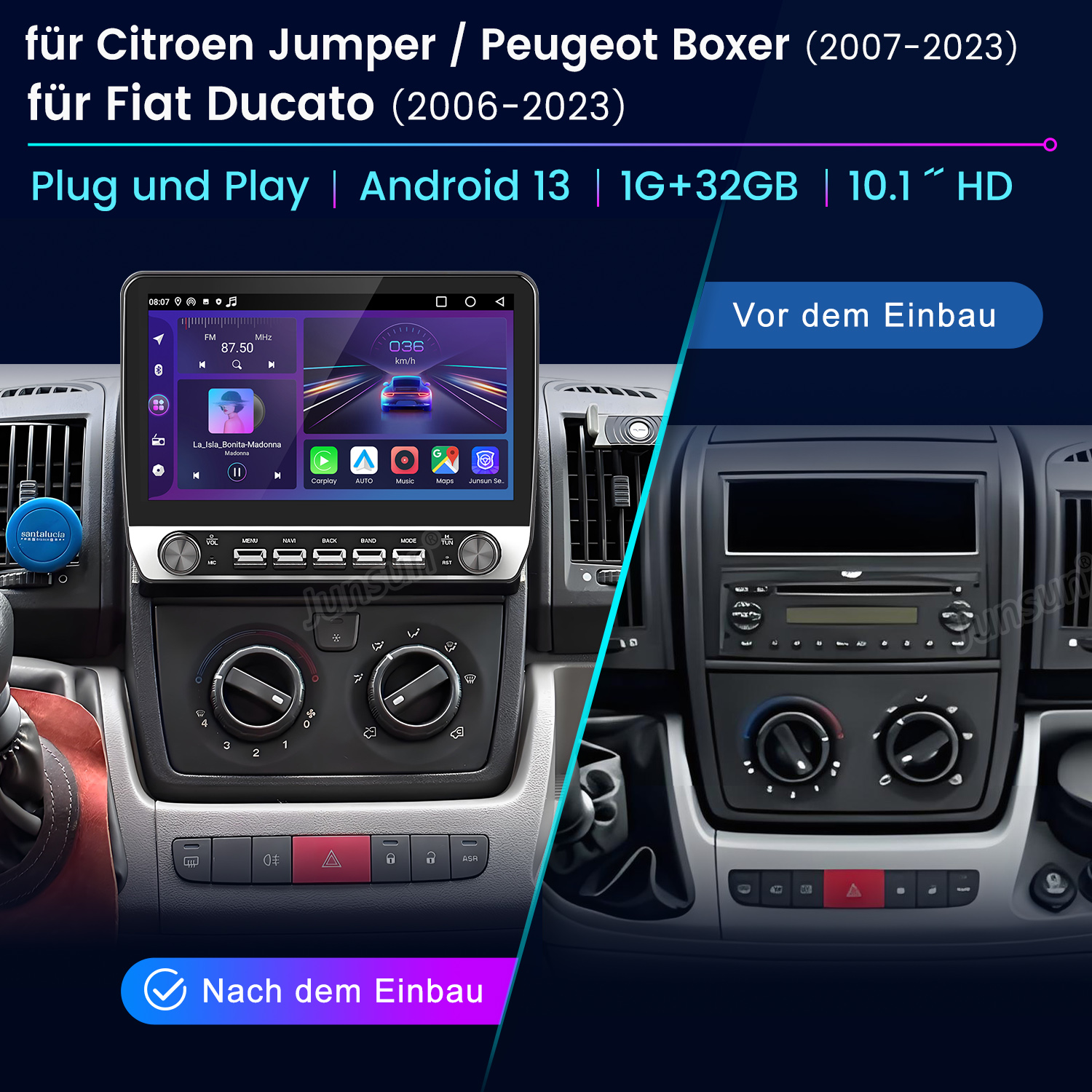 Autoradio mit Touchscreen und Vorher-Nachher-Ansichten der Installation.
