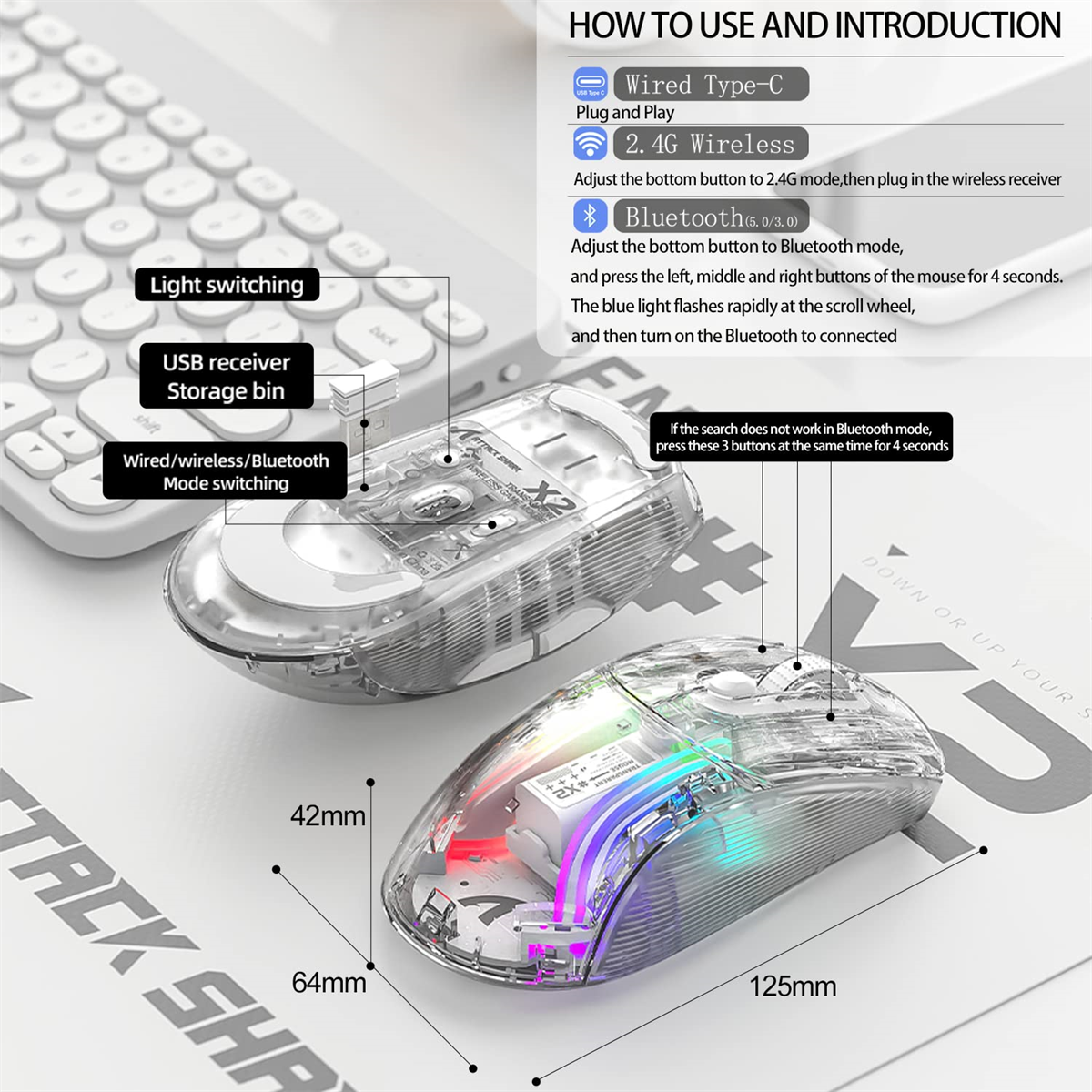 Kabellose Maus mit abgebildeten Abmessungen. Text: „How to use and introduction“. Hat einen Empfänger und Licht.