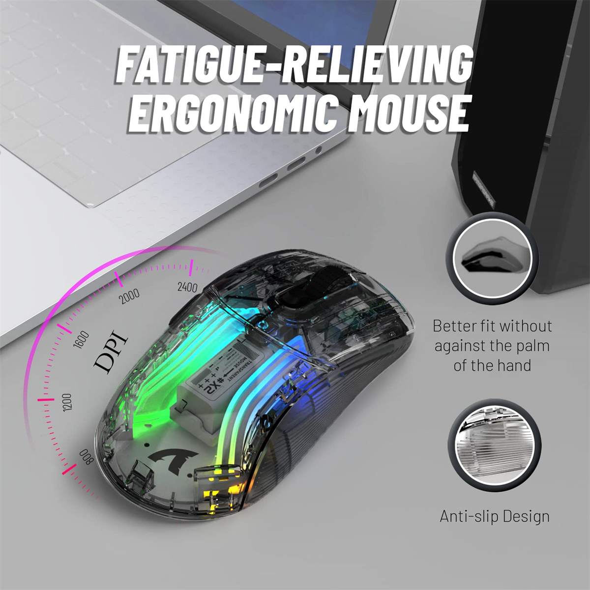 Eine transparente ergonomische Maus mit internen Komponenten, die in Regenbogenfarben beleuchtet sind.