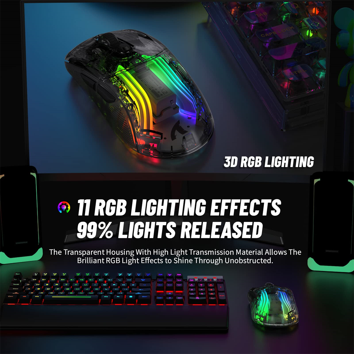 Transparente Gaming-Maus mit RGB-Beleuchtung, Tastatur und Lautsprechern auf einem Schreibtisch.