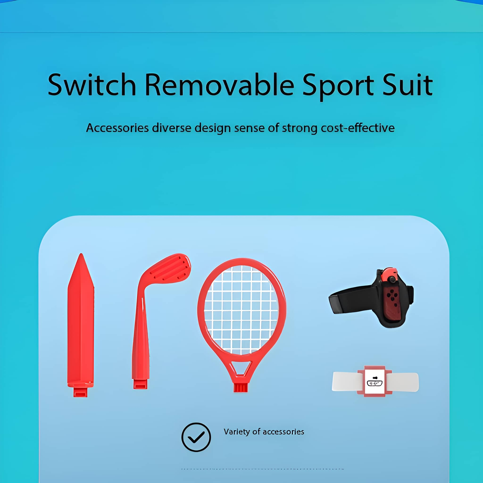 Eine Vielzahl roter Zubehörteile für ein Switch-Spiel. Das Zubehör umfasst ein Paddel, einen Tennisschläger und eine Handschlaufe.