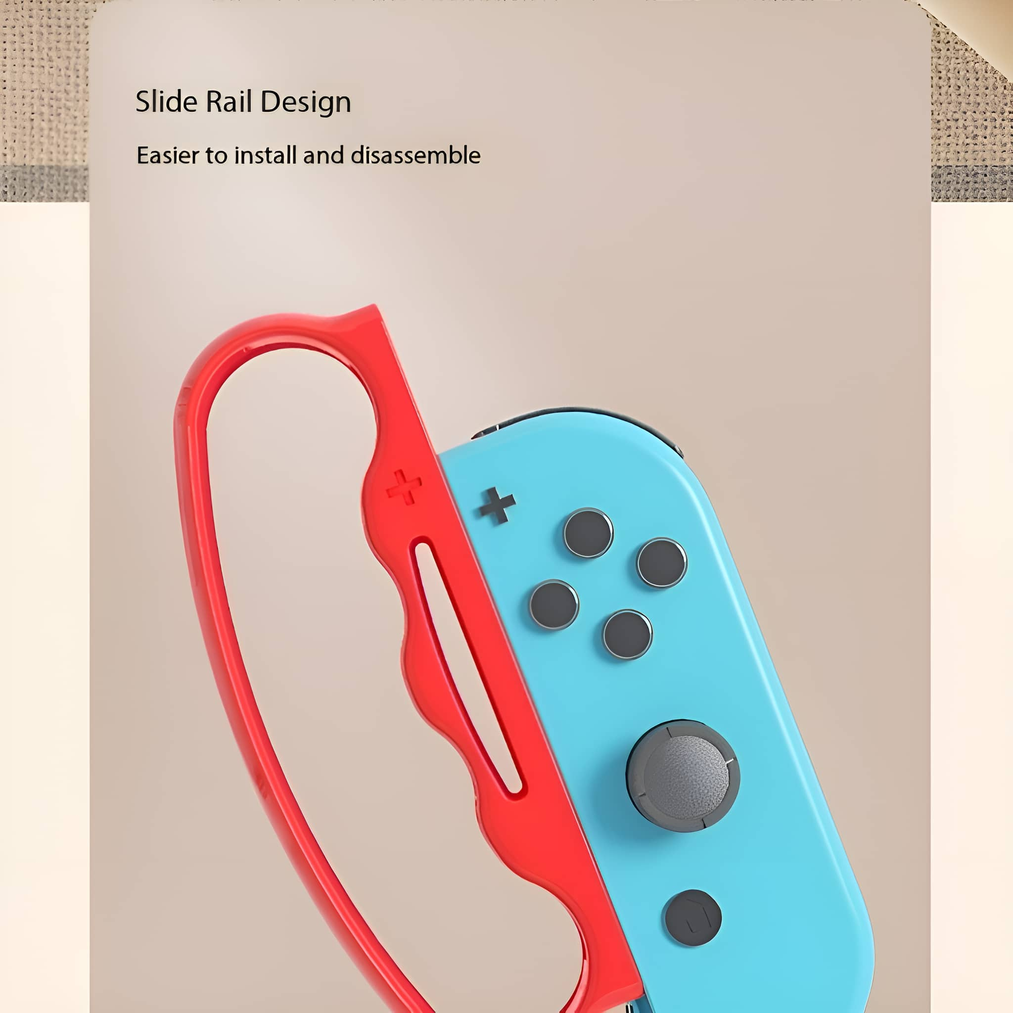 Ein blau-roter Gamecontroller-Griff an einem blauen Gamecontroller befestigt.