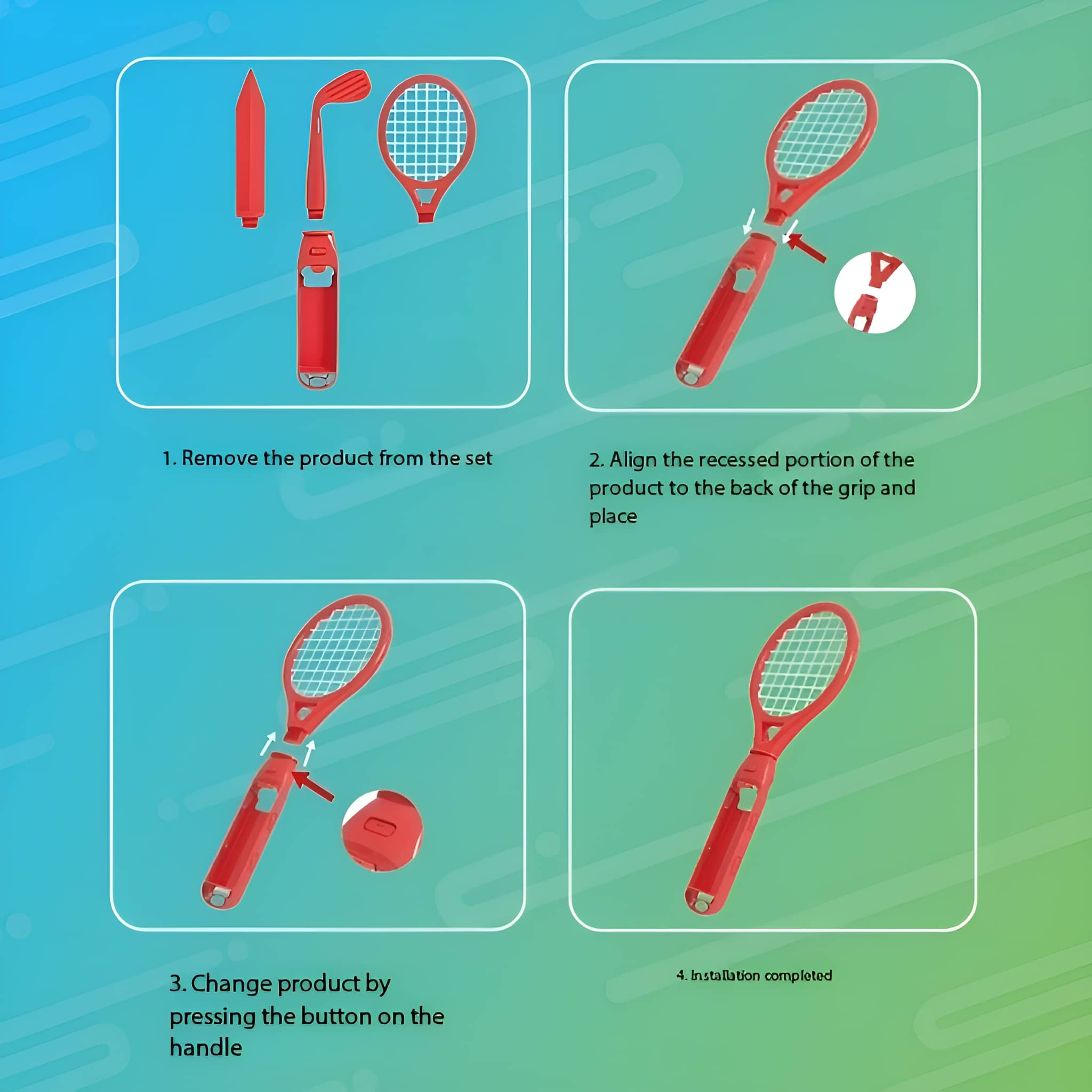 Schritt-für-Schritt-Anleitung zum Zusammenbau eines Spielzeug-Tennisschlägers. Die Schritte zeigen das Entfernen, Anbringen und Drücken eines Knopfes.
