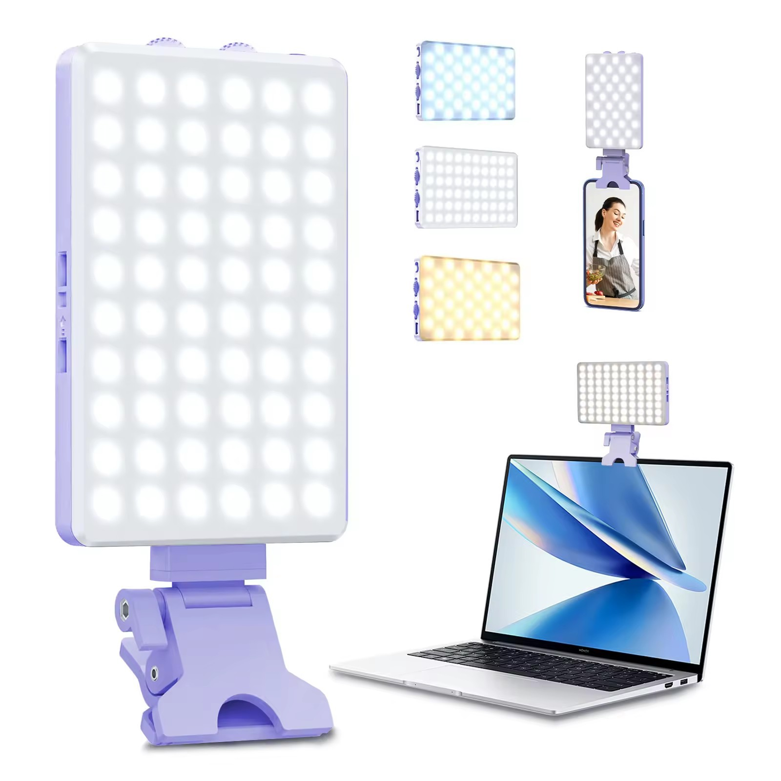 Lila LED-Lichtleiste mit Clip, an Laptop und Telefon angeschlossen, zeigt verschiedene Lichtoptionen.