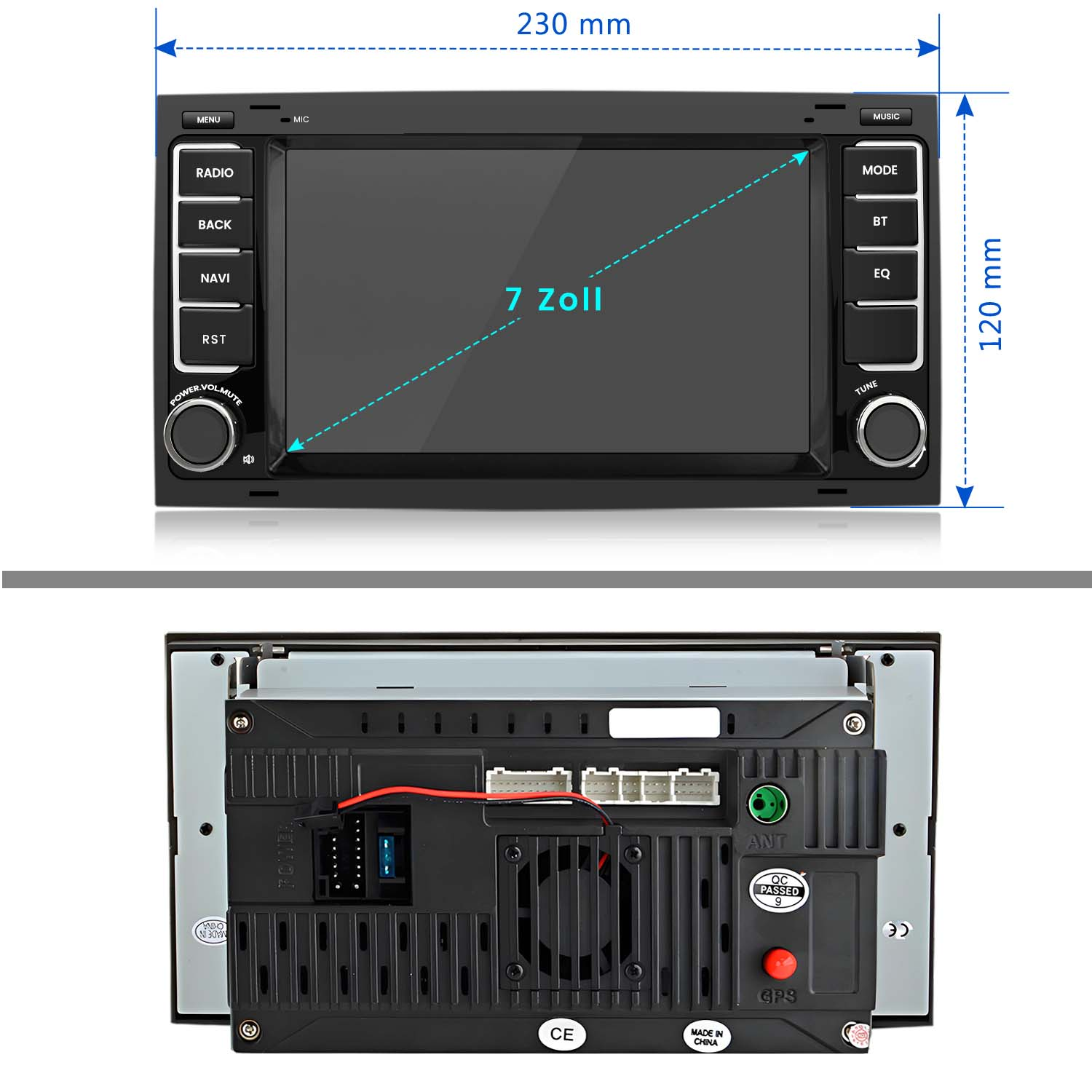 Autoradio mit Knöpfen und einem 7-Zoll-Bildschirm. Abmessungen: 230x120 mm. Die Rückseite zeigt Anschlüsse und einen Lüfter.