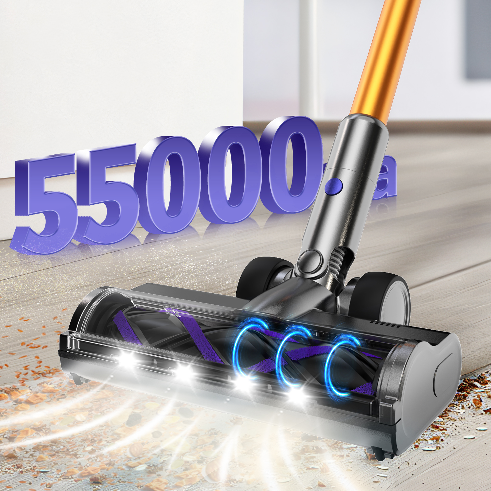 Głowica odkurzacza ze światłami i zanieczyszczeniami, niebieska liczba 55000.