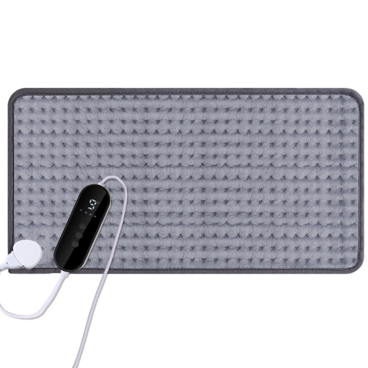 Graue Heizauflage mit Steuerung, weißes Kabel und Stecker auf weißem Grund.