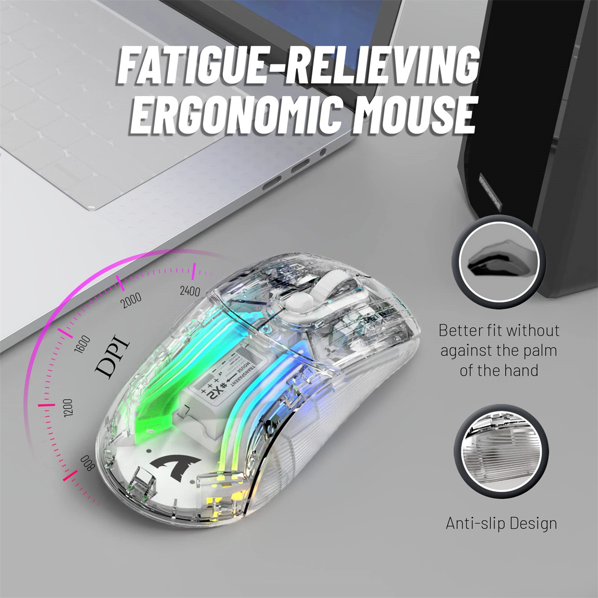 Ergonomische Maus mit mehrfarbigen Lichtern und DPI-Anzeige. Diagramme und Text sind sichtbar.