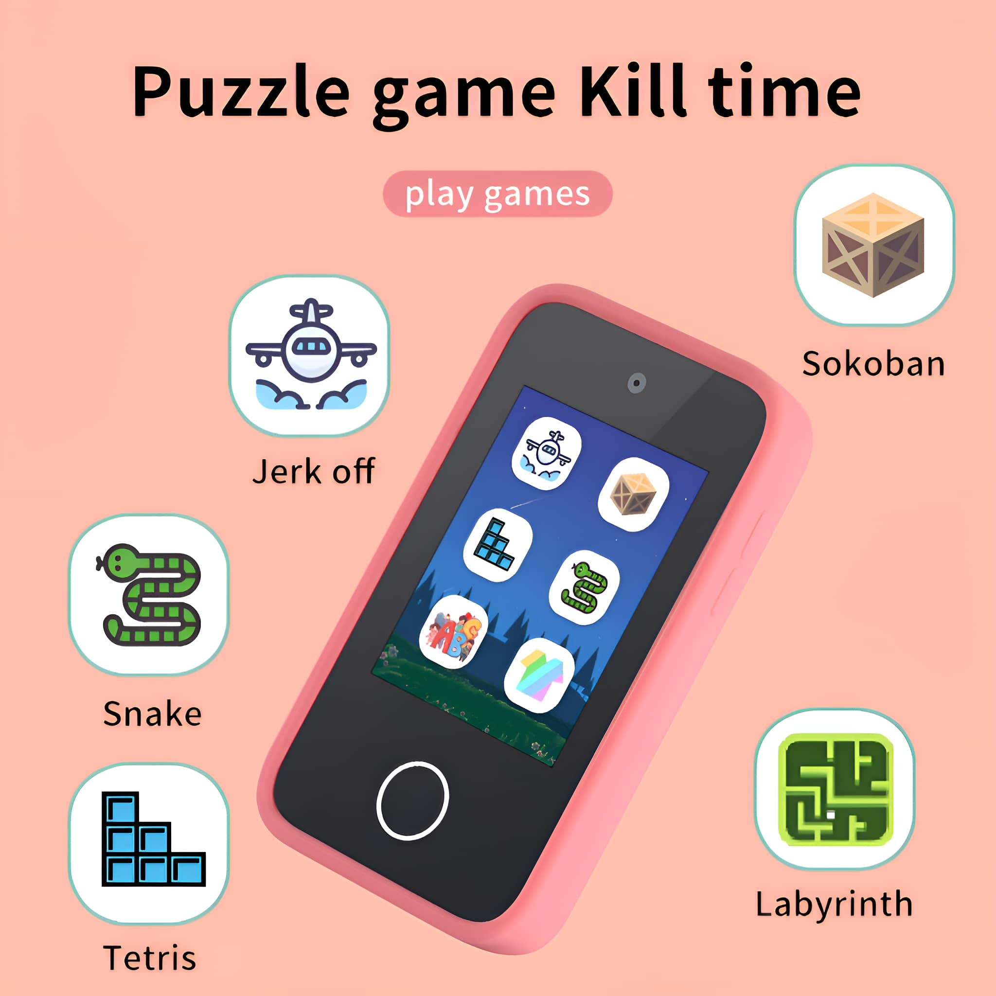 Eine rosa Spielkonsole mit Spielsymbolen und einigen Spielnamen.
