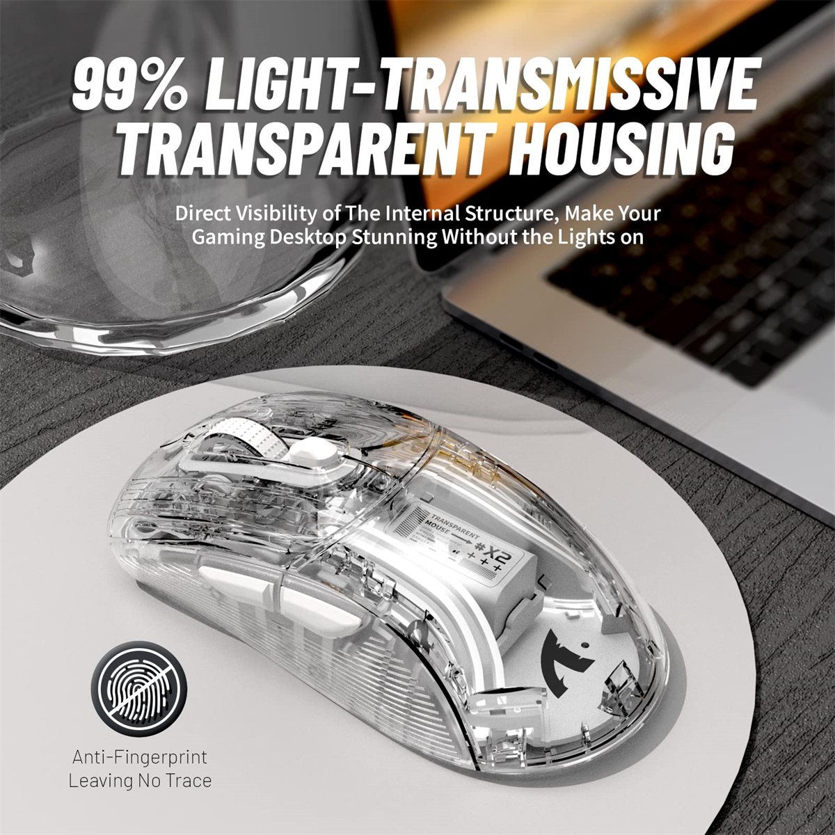 Eine transparente Computermaus mit sichtbaren internen Komponenten. Sie hat ein Logo und ein Fingerabdrucksymbol.