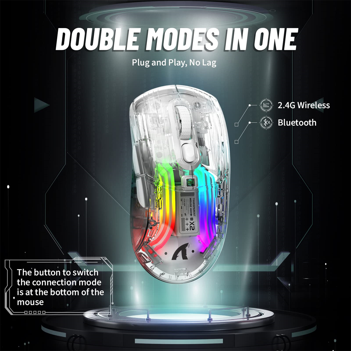 Transparente Gaming-Maus mit LED-Leuchten. Zeigt Tasten für 2,4G Wireless und Bluetooth.