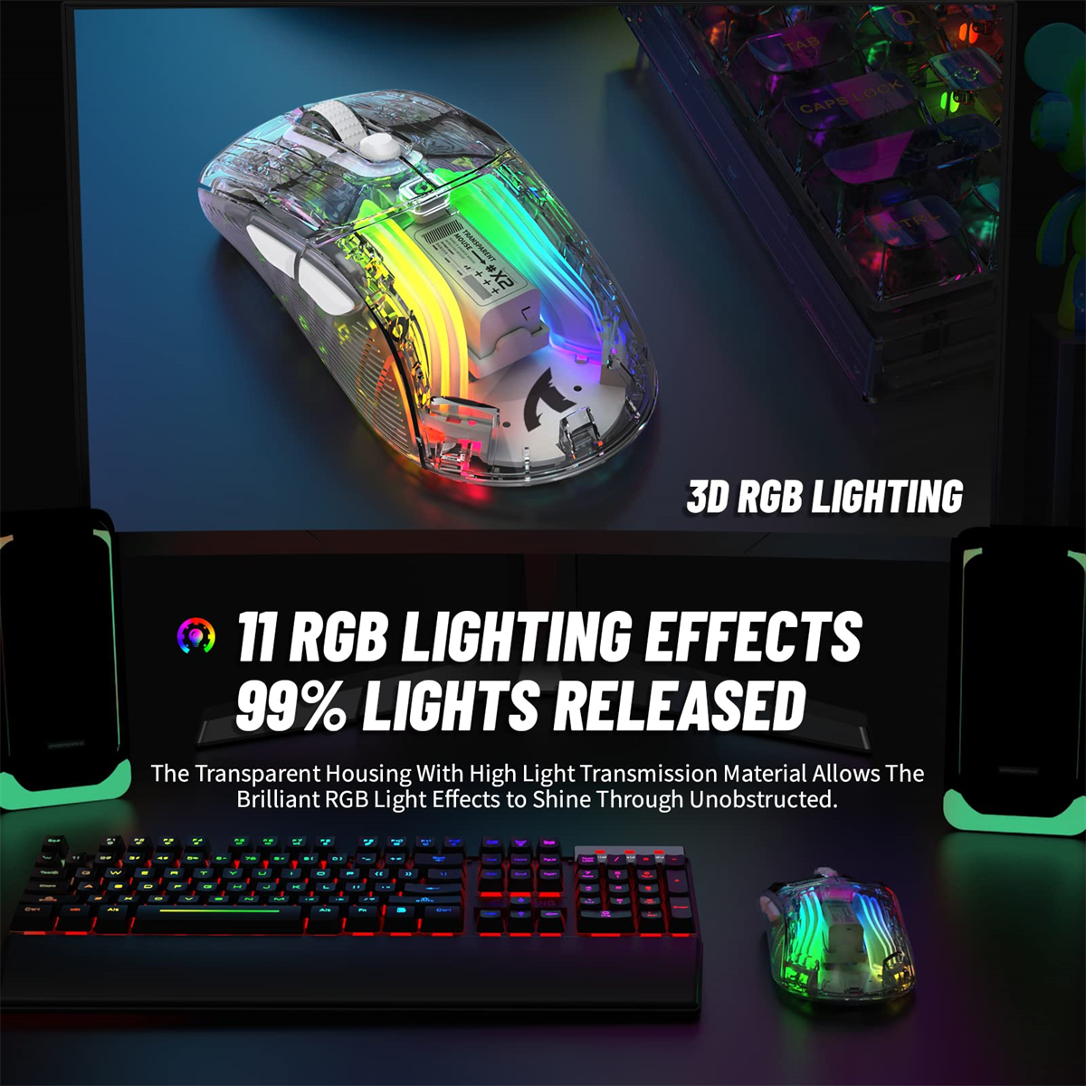 Transparente Gaming-Maus mit RGB-Beleuchtung, Tastatur und Lautsprechern auf einem Schreibtisch. Der Hintergrund ist ein Monitor.