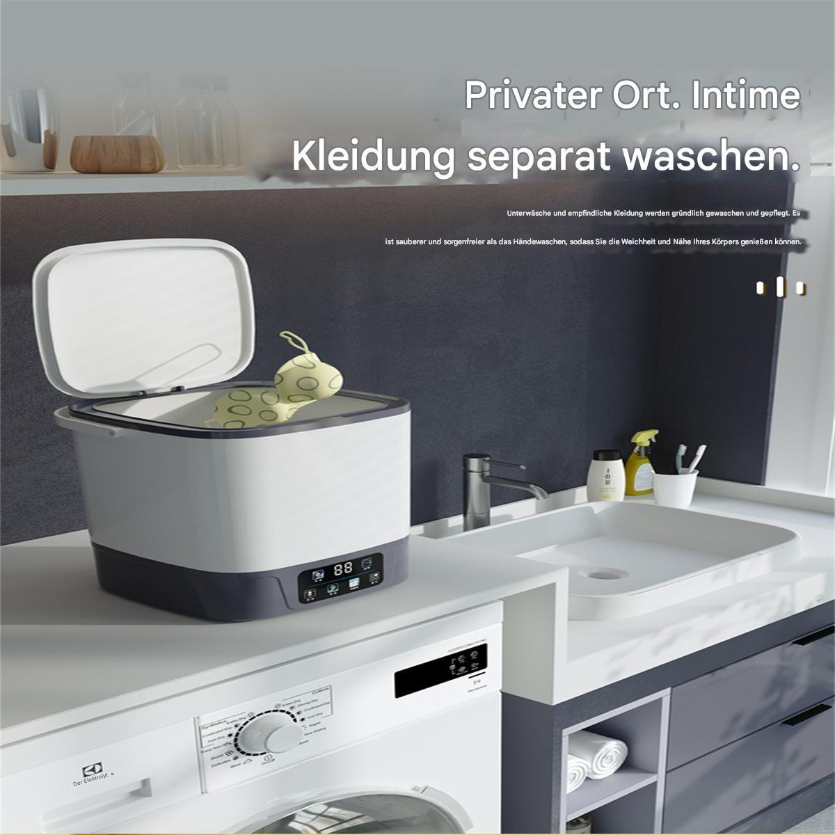 Waschmaschine und ein Behälter mit Deckel, neben einem Waschbecken mit Reinigungsartikeln.