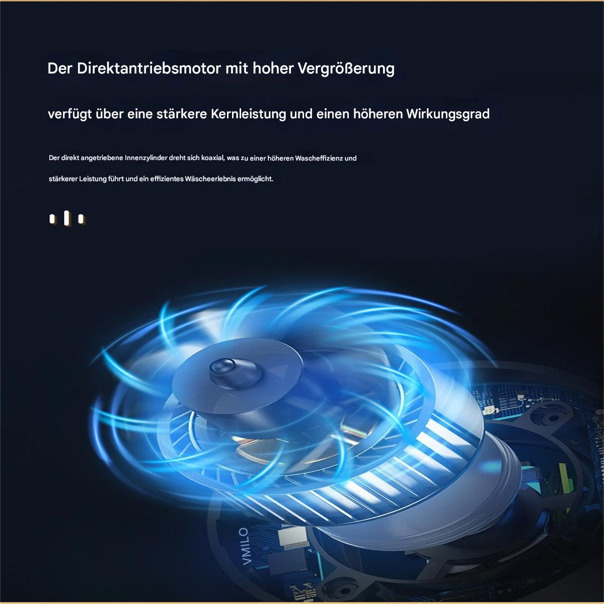 Eine Motorkomponente mit blauem Leuchten. Der Text erwähnt einen Direktantriebsmotor mit hoher Vergrößerung.