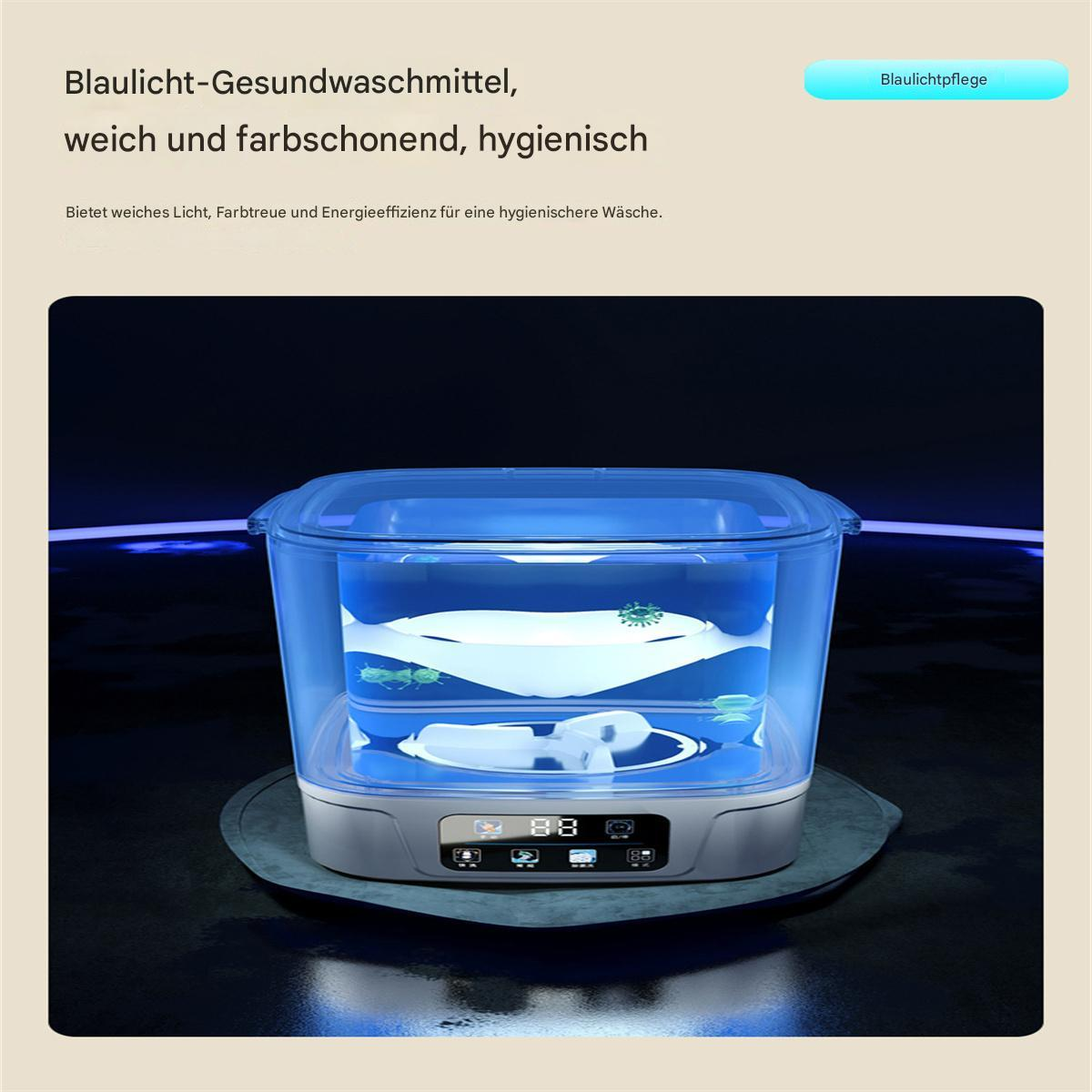 Ein blaues Reinigungsgerät mit einem transparenten Behälter, der Wasser und einen weißen Gegenstand enthält.