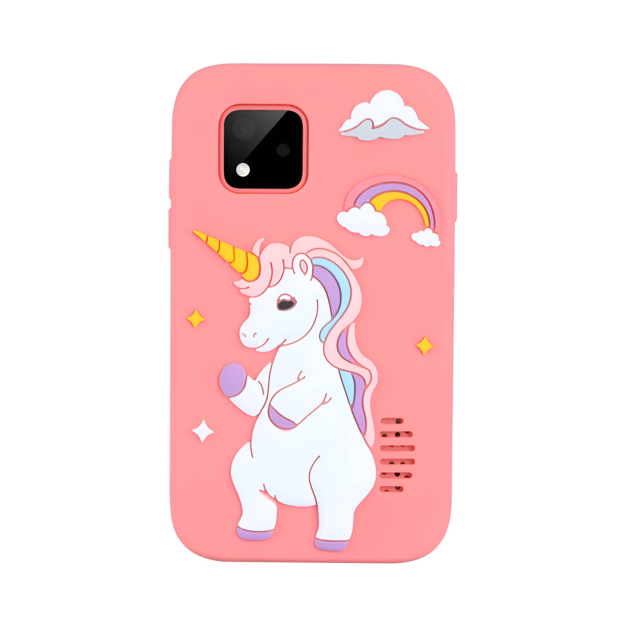 Rosa Handyhülle mit Einhorn-Design, Regenbogen und Wolken. Sterne sind verstreut.