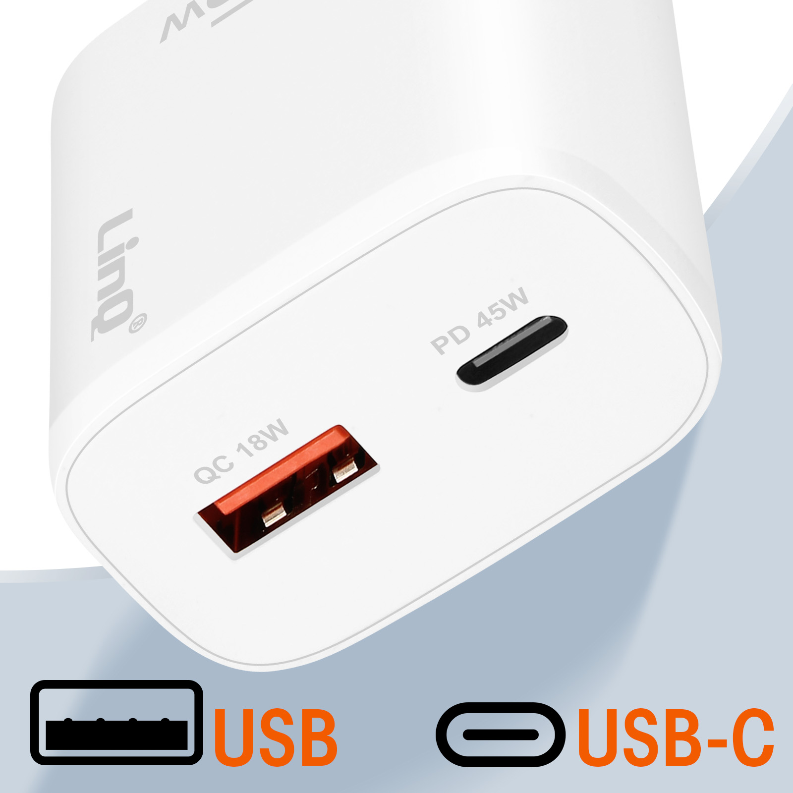 Ein weißer Netzadapter mit USB- und USB-C-Anschluss. Text zeigt QC 18W und PD 45W an.