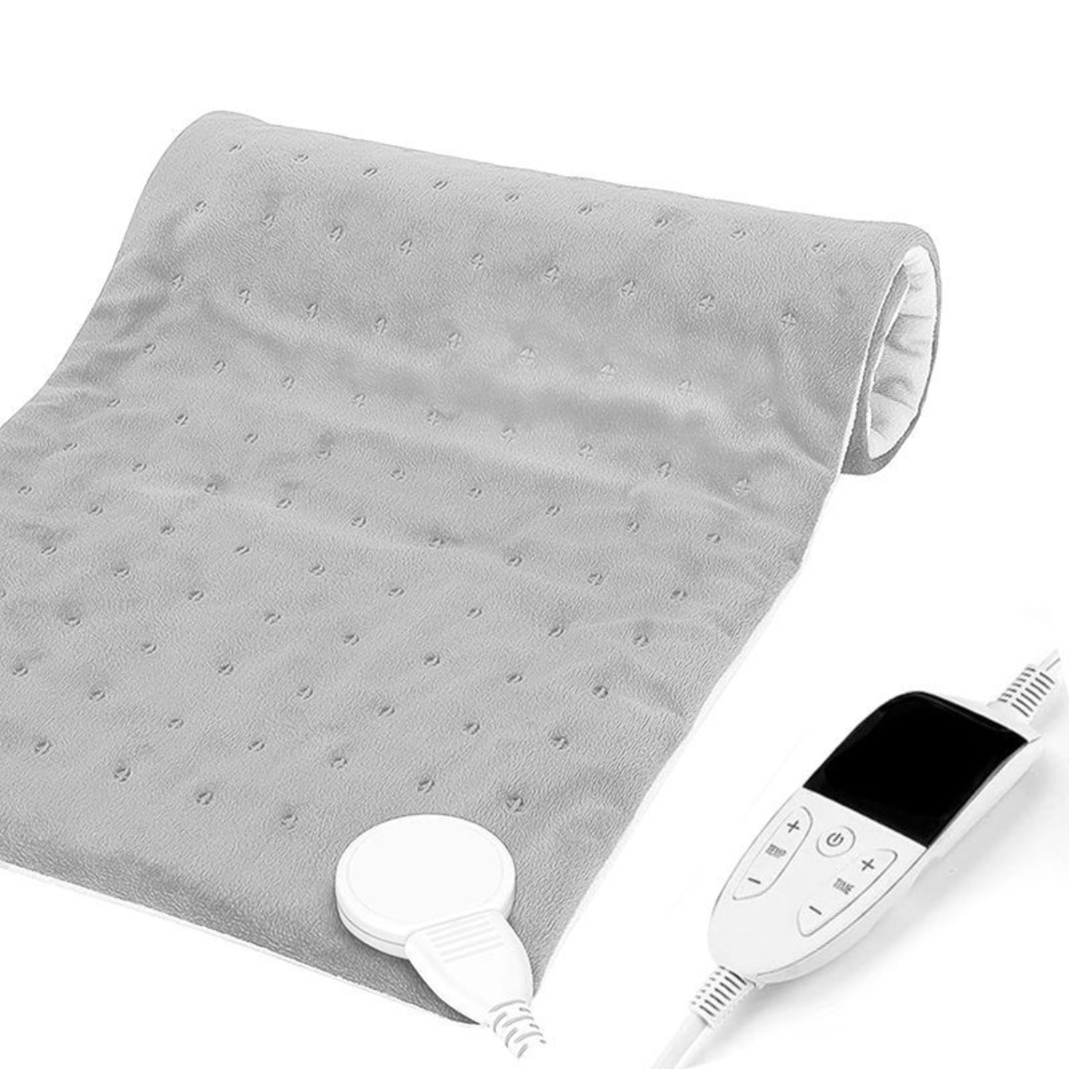 Ein graues Heizkissen mit Bedieneinheit und Kabel, mit weißem Rand.