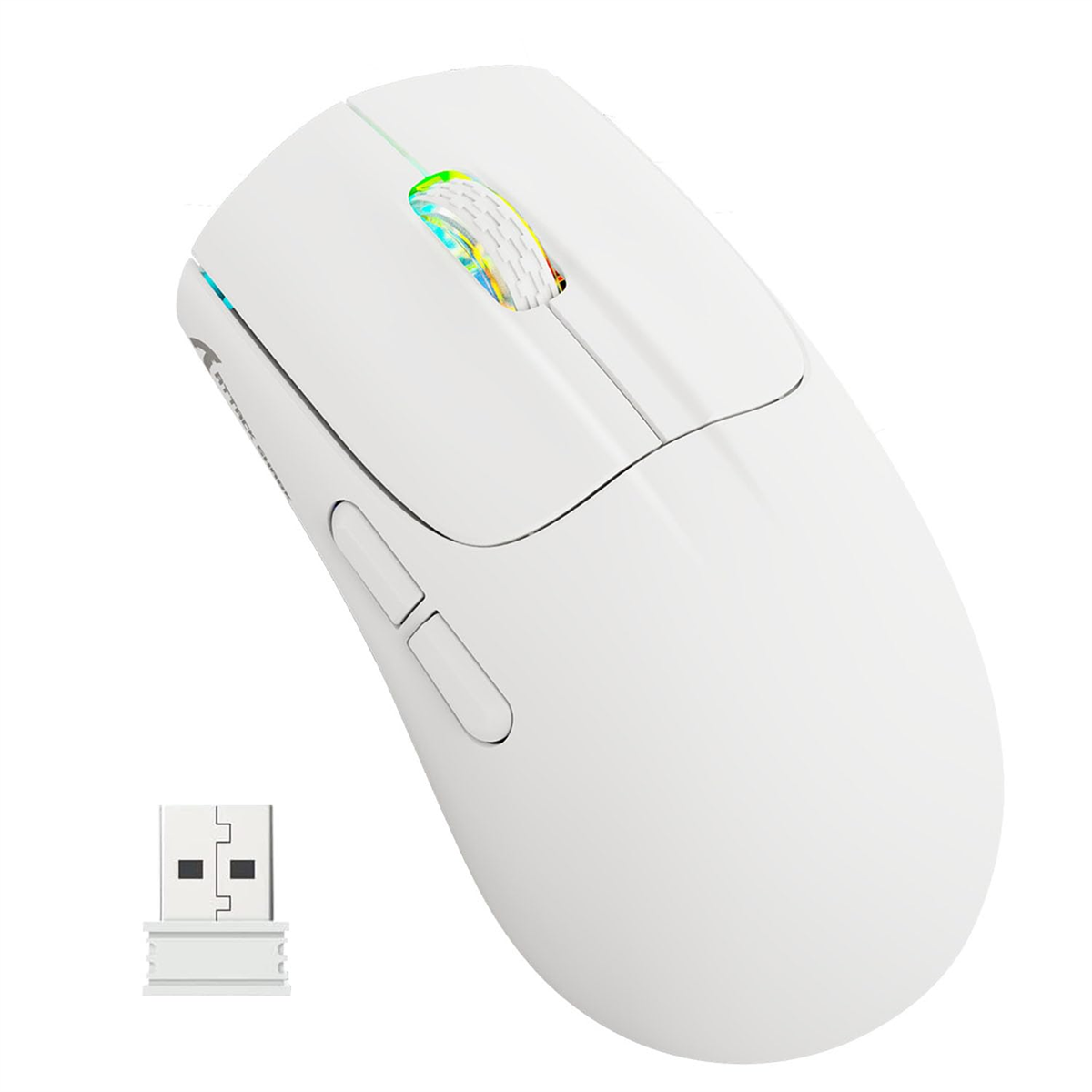 Eine weiße Maus mit farbigen Lichtern. Die Maus hat zwei Tasten und einen USB-Empfänger.