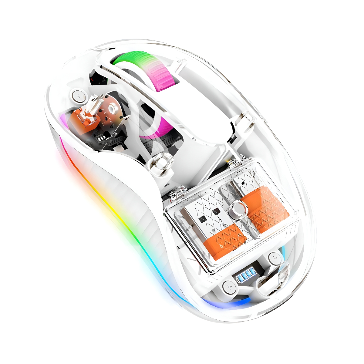 Eine transparente Computermaus mit farbigen Lichtern und sichtbaren Komponenten im Inneren.