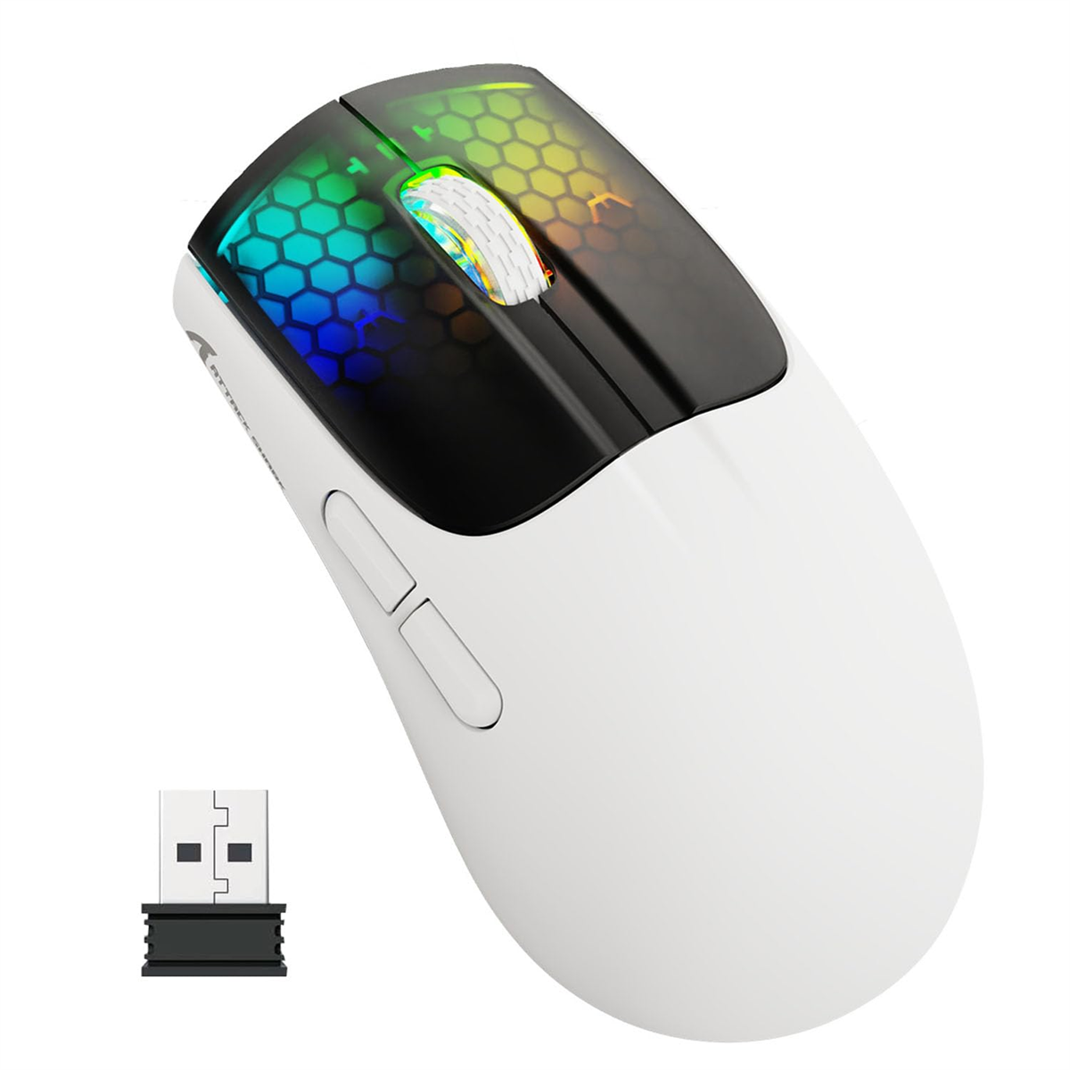 Weiße kabellose Maus mit mehrfarbigem Wabenmuster oben und einem USB-Empfänger.