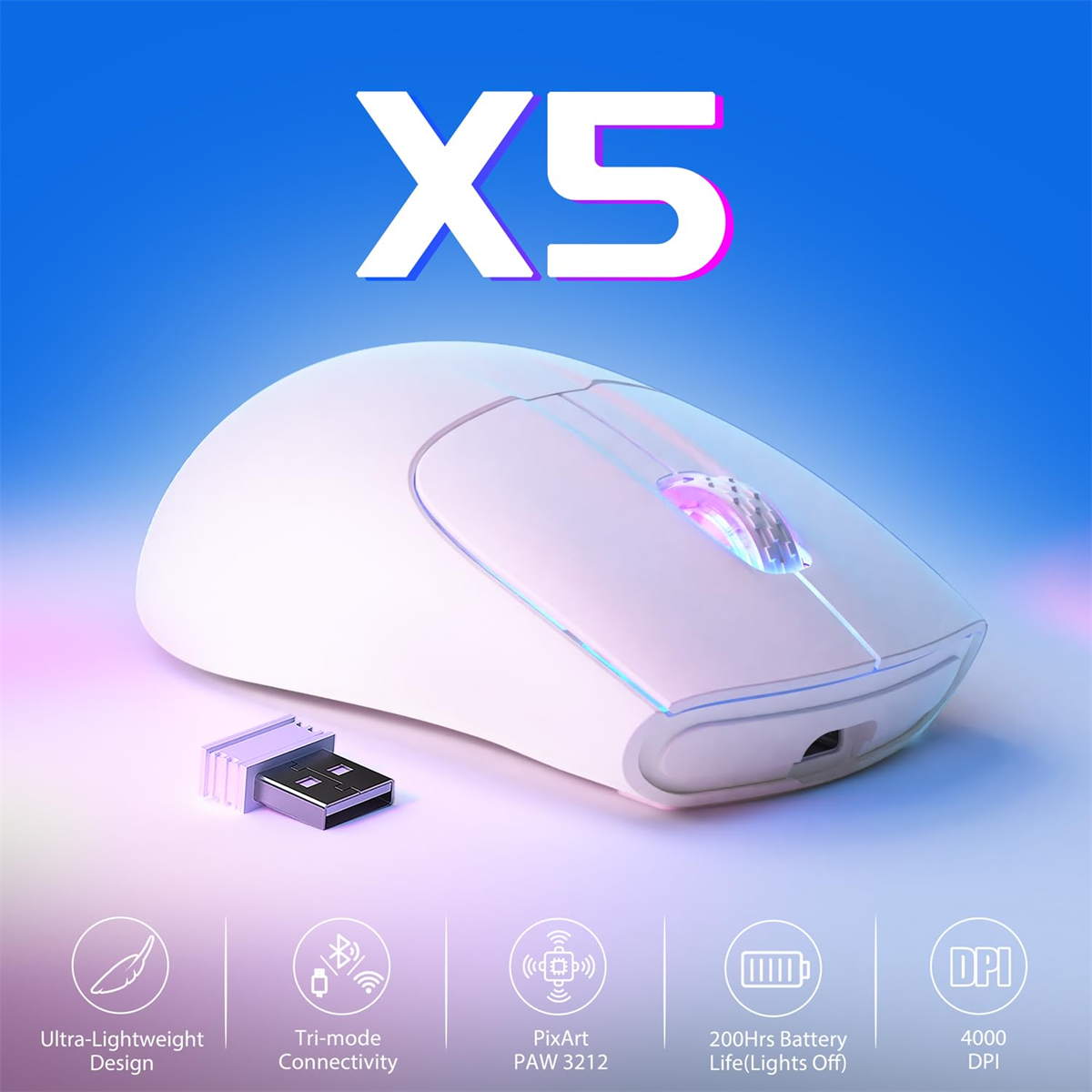 Eine weiße kabellose Maus mit USB-Empfänger. Funktionen und DPI werden angezeigt.