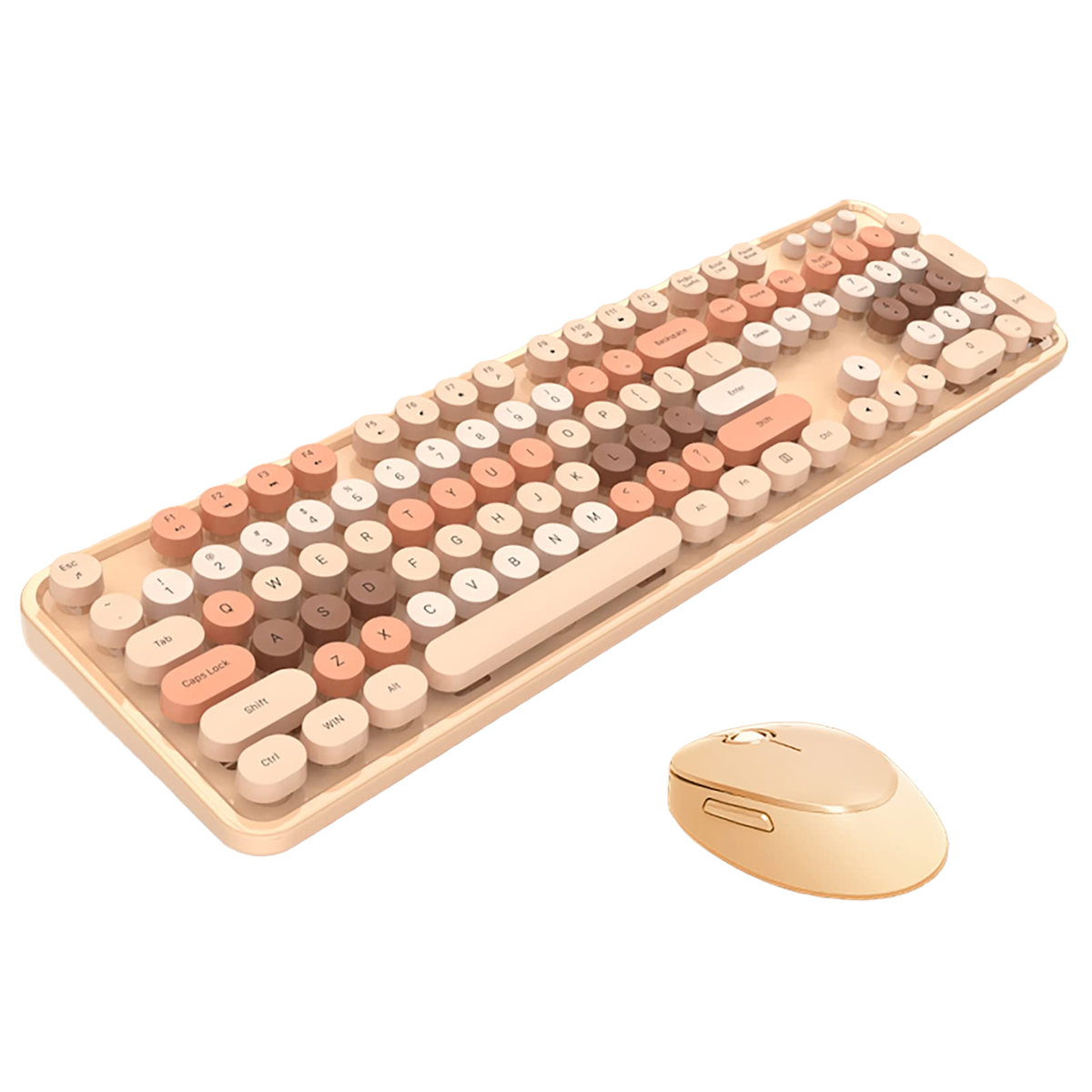 Retro-Tastatur mit runden Tasten in Beige und Rosa. Passende beige Maus daneben.