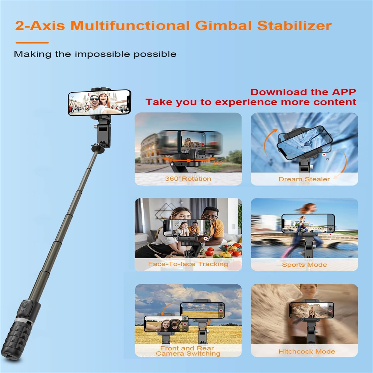 Gimbal-Stabilisator mit Telefon. Verschiedene Nutzungsszenarien gezeigt. Text-Overlay. Weißer Hintergrund.