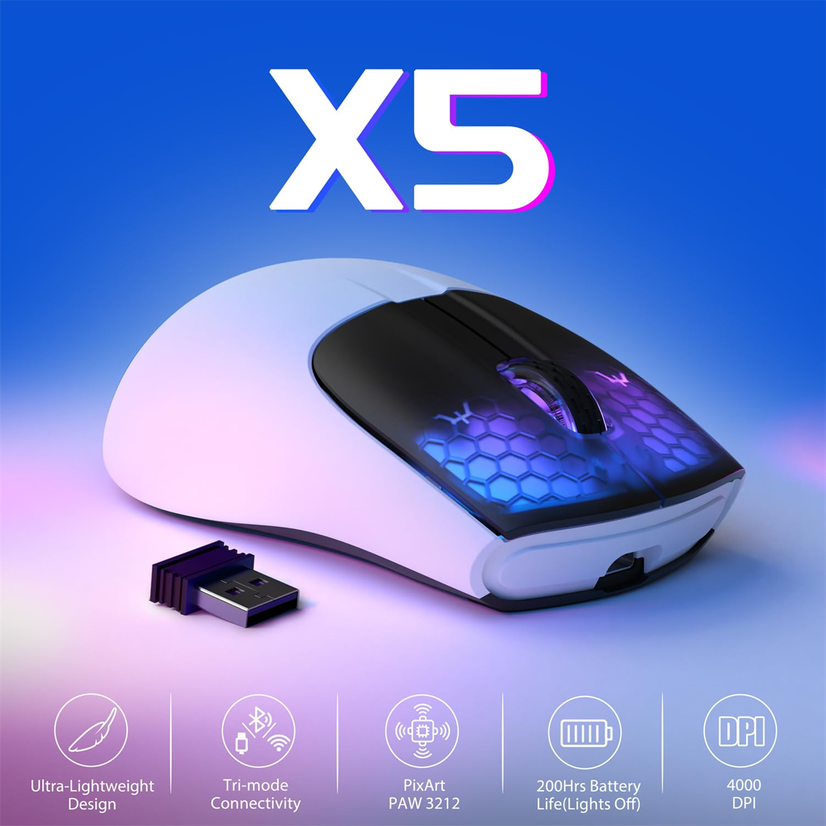 Weiß-schwarze X5 Gaming-Maus mit drahtlosem Empfänger, mit Text.