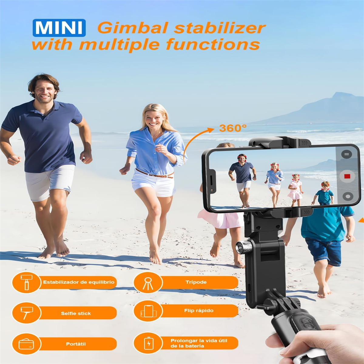 Menschen rennen am Strand mit Smartphone auf Gimbal-Stabilisator, mit Funktionen.