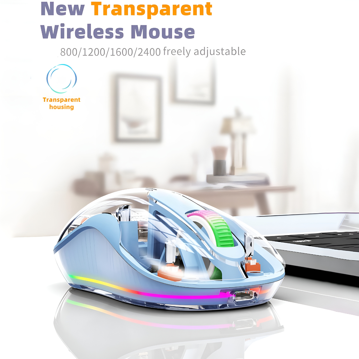 Transparente kabellose Maus mit farbigen Lichtern und unscharfem Hintergrund.