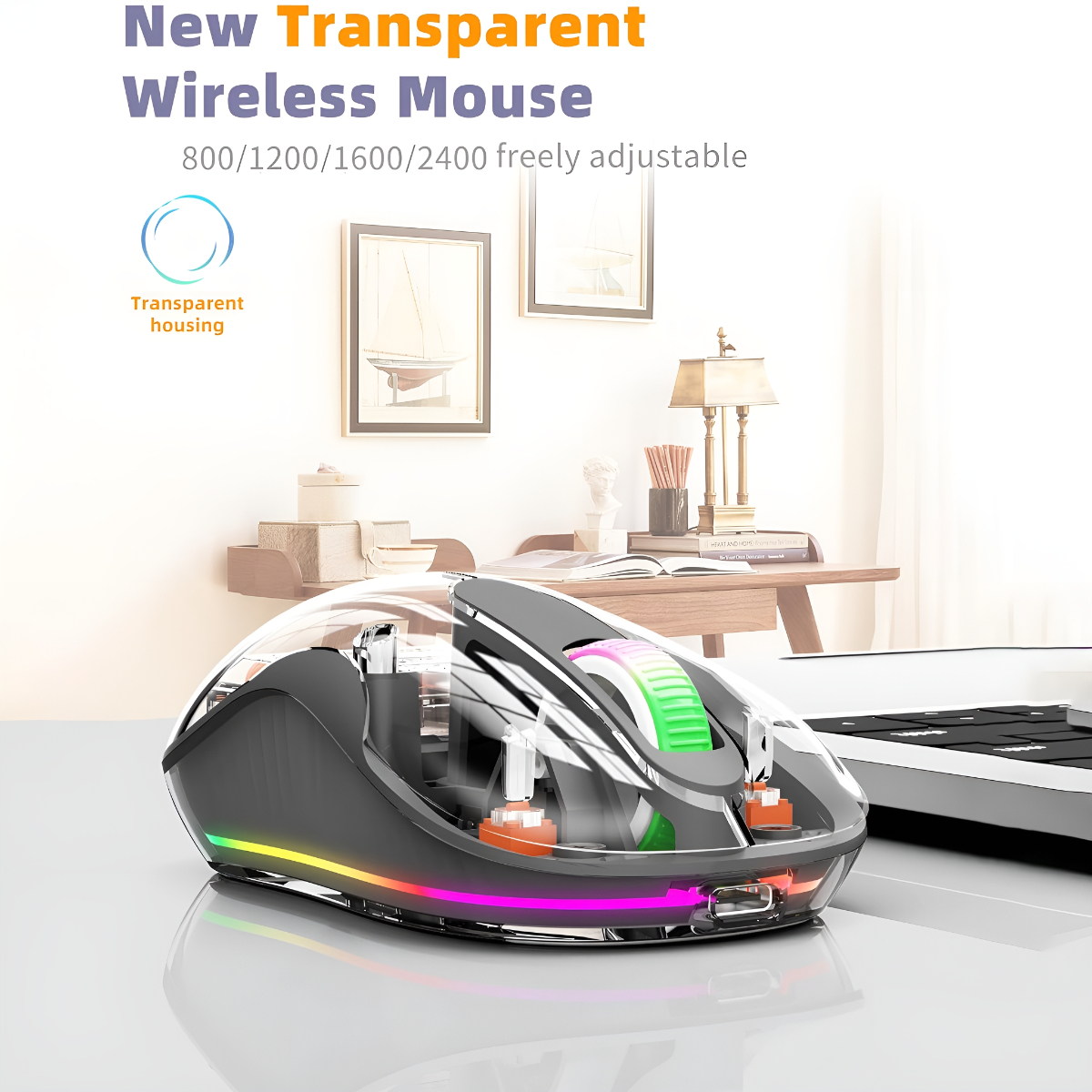 Eine transparente kabellose Maus. Sie hat ein modernes Design mit einstellbarem DPI und LED-Leuchten.