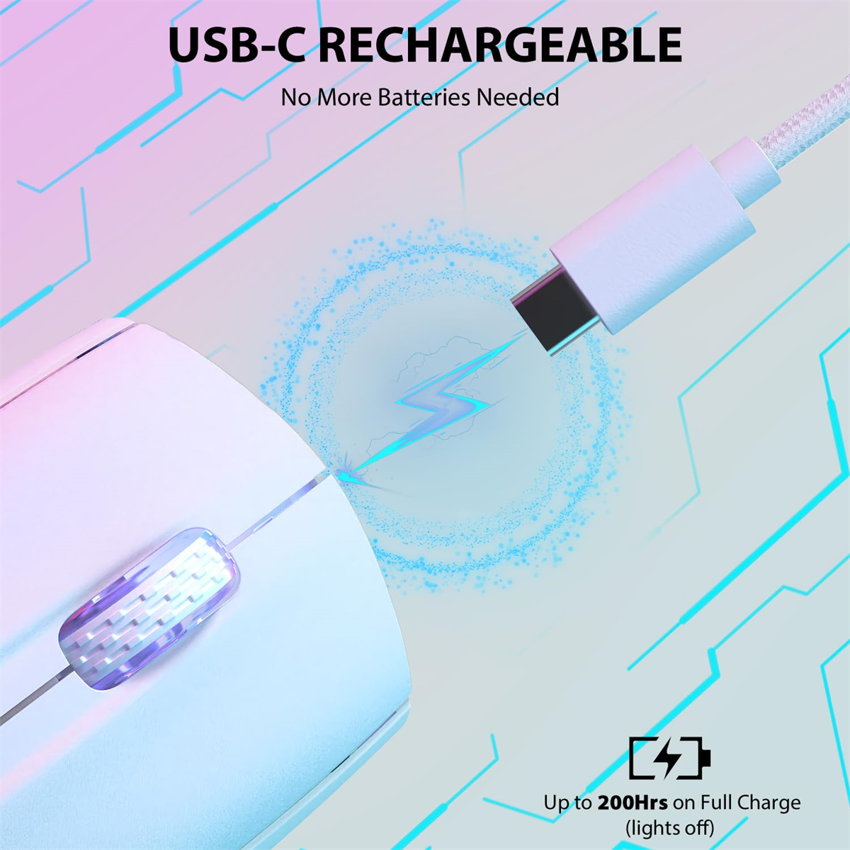 Weiße Computermaus mit USB-C-Aufladung und Ladezustandsanzeige.