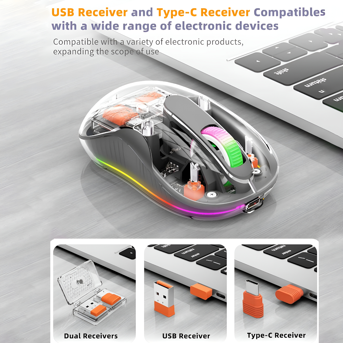 Transparente drahtlose Maus. Zeigt interne Komponenten. Zeigt USB- und Typ-C-Empfänger. Laptop im Hintergrund.
