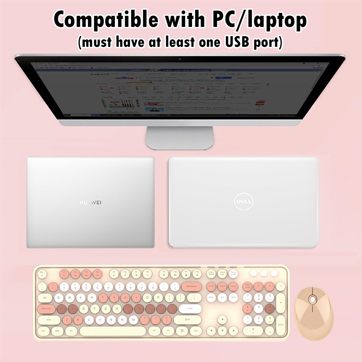 Ein Laptop, Tastatur und Maus. Text sagt: 'Kompatibel mit PC/Laptop'.