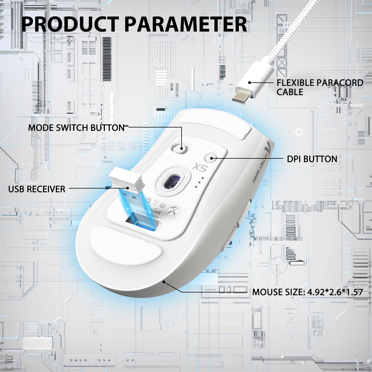 Weiße Maus mit beschrifteten Tasten und USB-Empfänger, auf technischer Oberfläche.