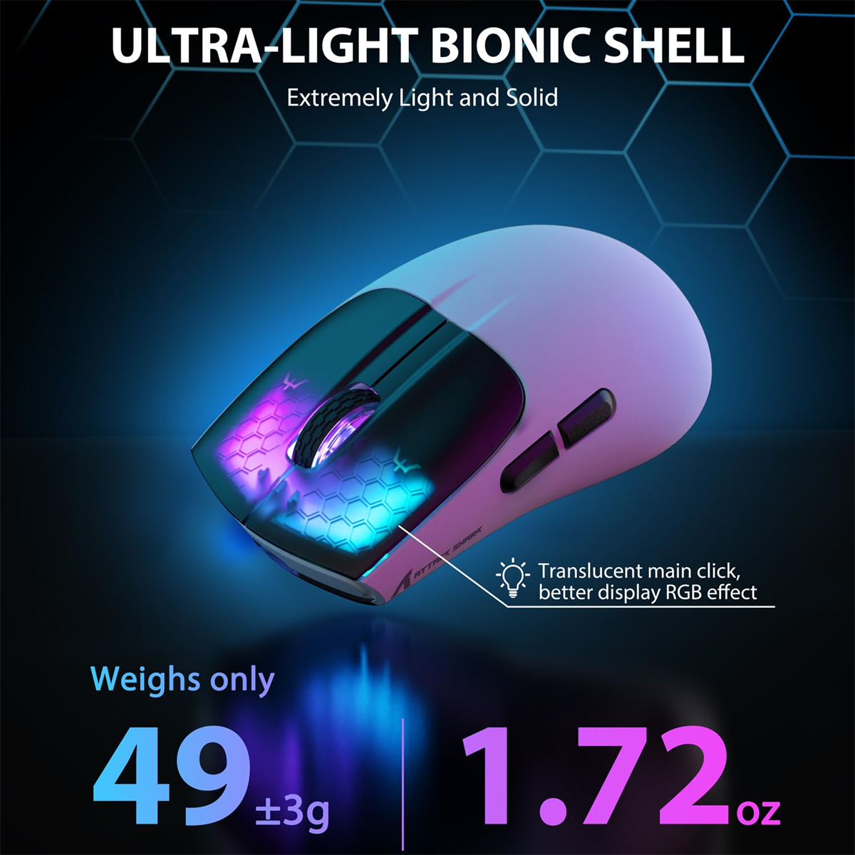 Hellrosa Gaming-Maus mit RGB-Beleuchtung. Blauer und violetter Hintergrund.