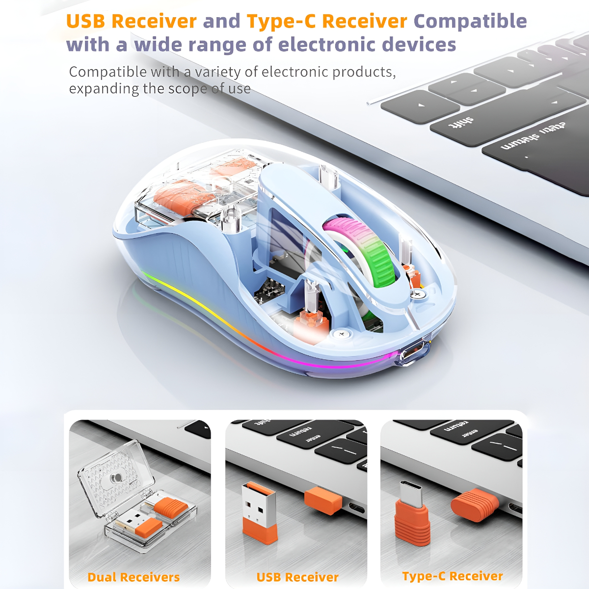 Eine transparente Maus mit RGB-Beleuchtung und USB/Typ-C-Empfängern wird gezeigt. Die Maus hat ein detailliertes Design.