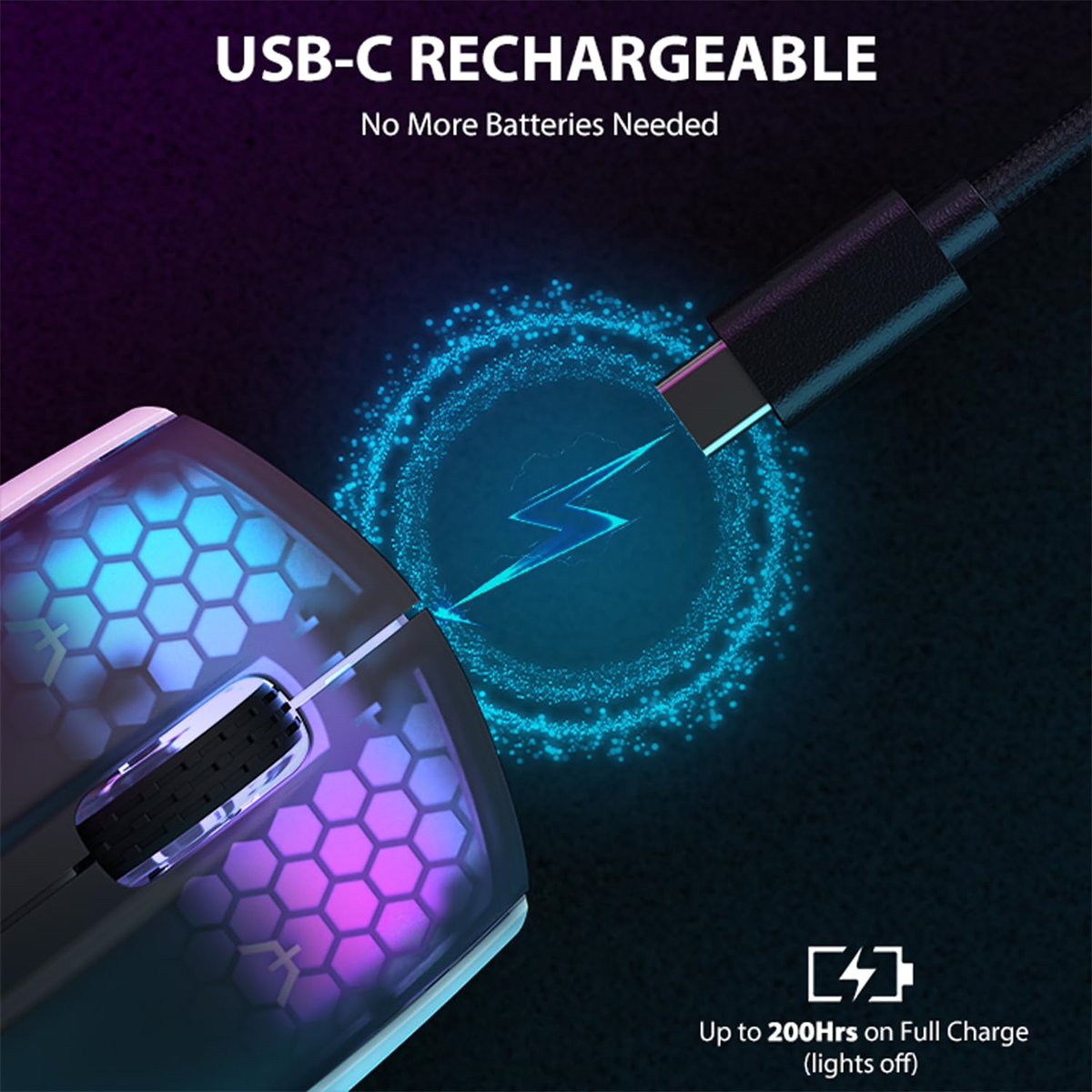 Gaming-Maus mit USB-C-Aufladung und RGB-Beleuchtung. Die Maus befindet sich auf blauem Hintergrund.