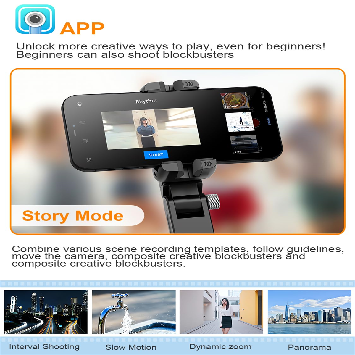 Smartphone und Stativ mit Text-Overlays, verschiedene Aufnahmemodi und Beispielszenen.