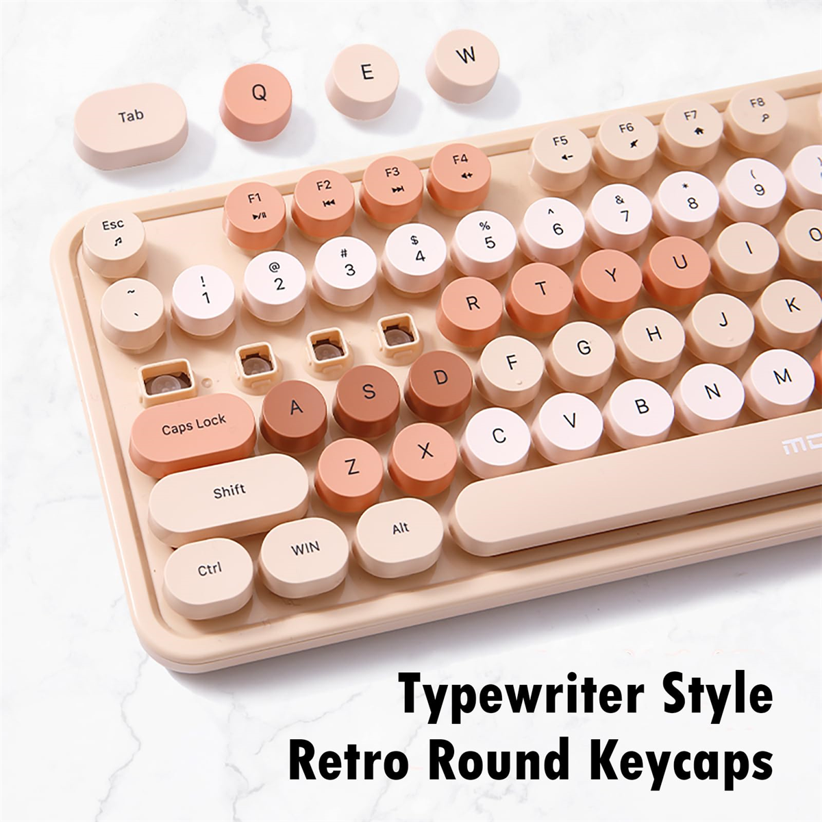 Eine Tastatur im Retro-Stil mit runden, pastellfarbenen Tastenkappen, präsentiert auf einer Marmoroberfläche.