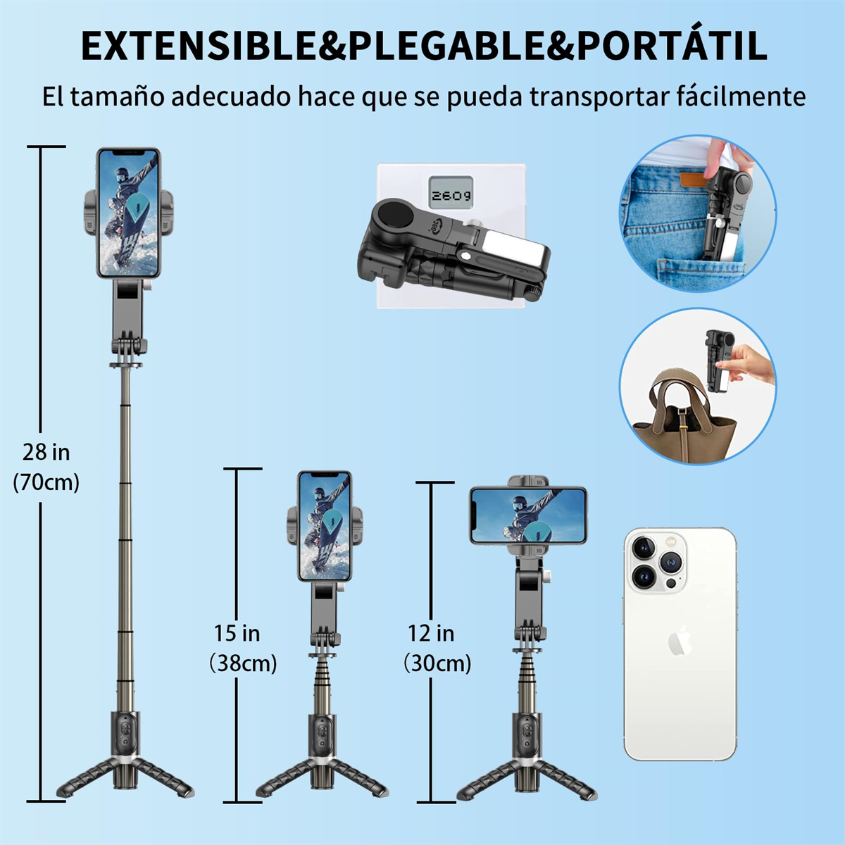 Ausziehbarer Telefonständer mit Telefon. Enthält eine Waage und andere Artikel. Blauer Hintergrund.