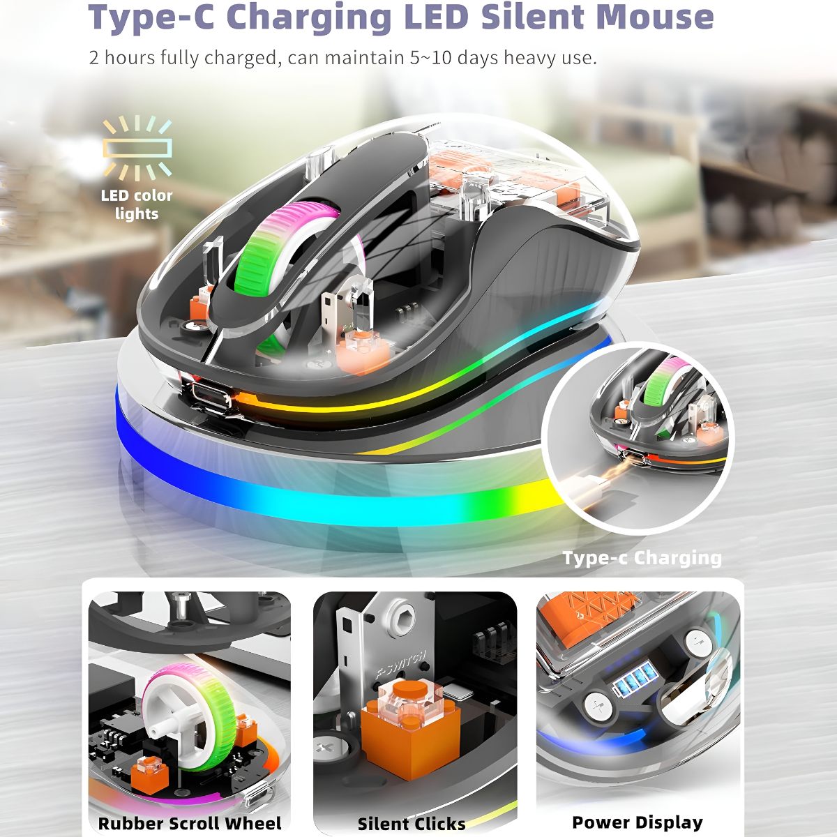 Kabellose Maus mit LED-Leuchten, Ladestation und sichtbaren internen Komponenten. Inklusive Scrollrad, leisen Klicks und Energieanzeige.