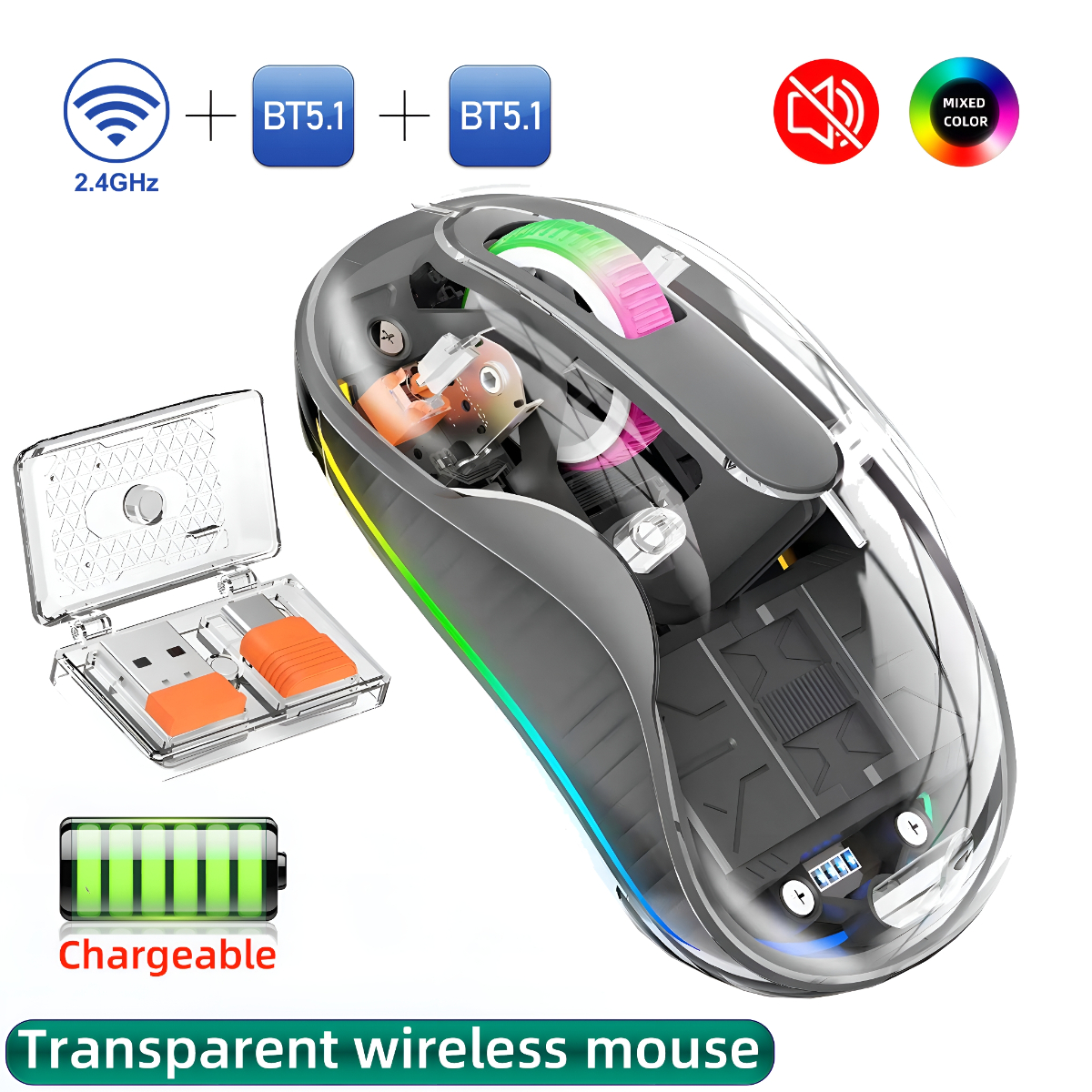 Transparente kabellose Maus mit bunten Lichtern, Ladestation und Akkuanzeige.