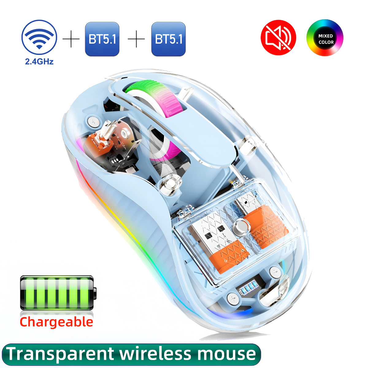Transparente kabellose Maus mit sichtbaren internen Komponenten, umgeben von Symbolen und Text.